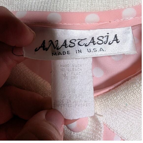 Vtg 1980s Anastasia Pink White Polka Dot Collared Button Up Chiffon Blouse Sz 16 - Picture 7 of 7